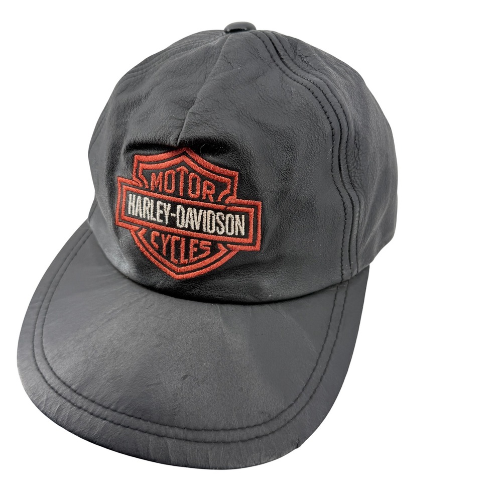 Harley Davidson Genuine Leather Hat Cap Black OSFM Adjustable Back Strap